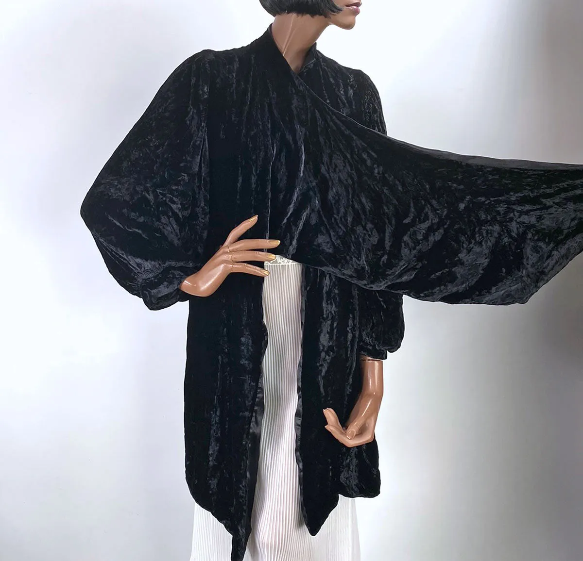 30s Crushed Velvet Jacket Black Dramatic Vintage Attached Scarf Women's S/M VFG