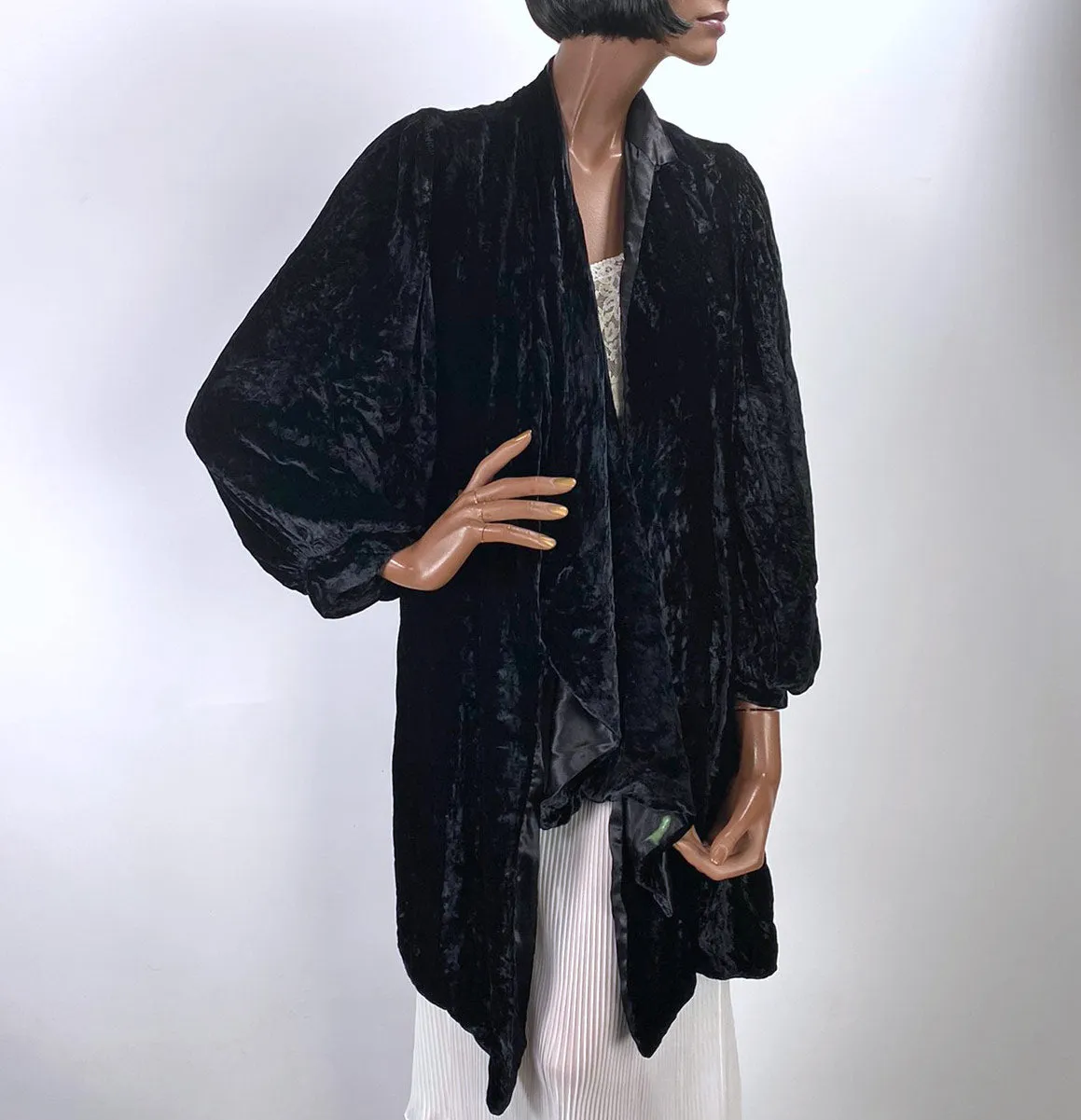 30s Crushed Velvet Jacket Black Dramatic Vintage Attached Scarf Women's S/M VFG