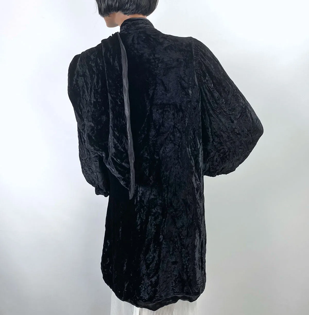 30s Crushed Velvet Jacket Black Dramatic Vintage Attached Scarf Women's S/M VFG