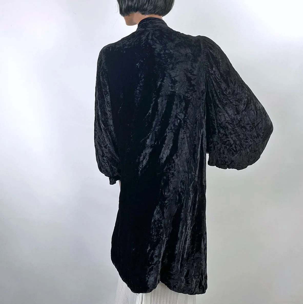 30s Crushed Velvet Jacket Black Dramatic Vintage Attached Scarf Women's S/M VFG