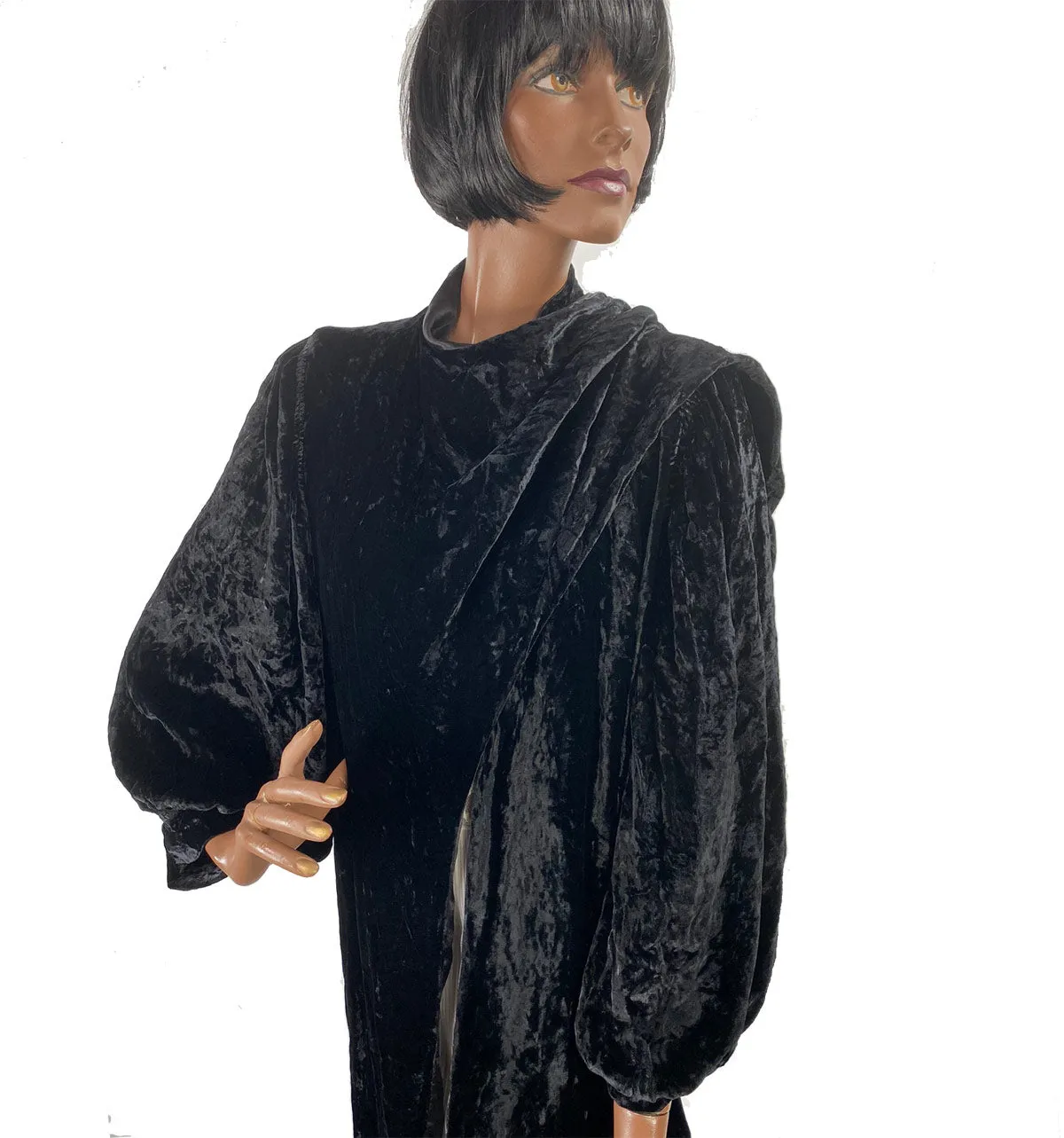 30s Crushed Velvet Jacket Black Dramatic Vintage Attached Scarf Women's S/M VFG