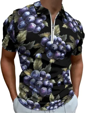 Blueberries Watercolor Trendy Polo Shirts for Men Short Sleeve Lapel Collar Zipper T-Shirts Outdoor Sports