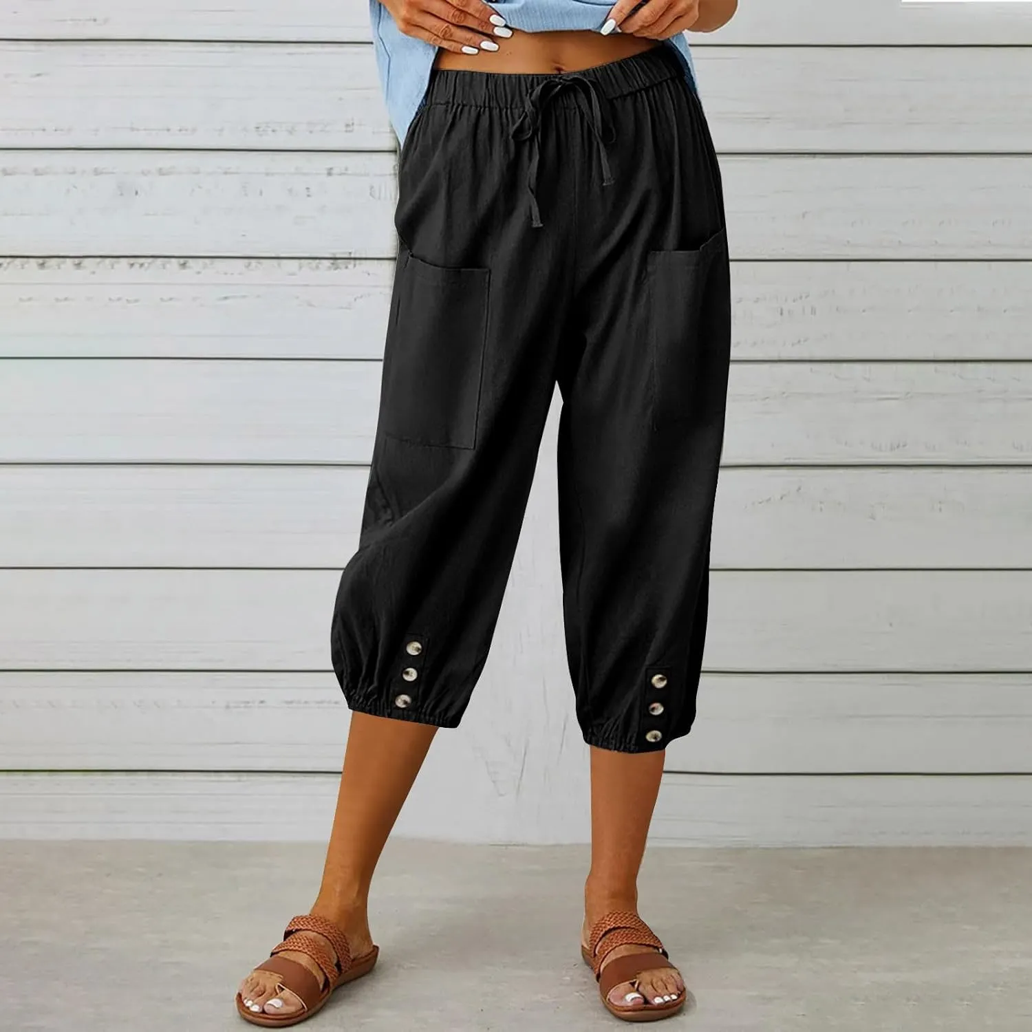 Capris Pants for Women Cotton Linen Casual Summer Pants Plus Size Drawstring Elastic Slacks Pocket Beach Clothes