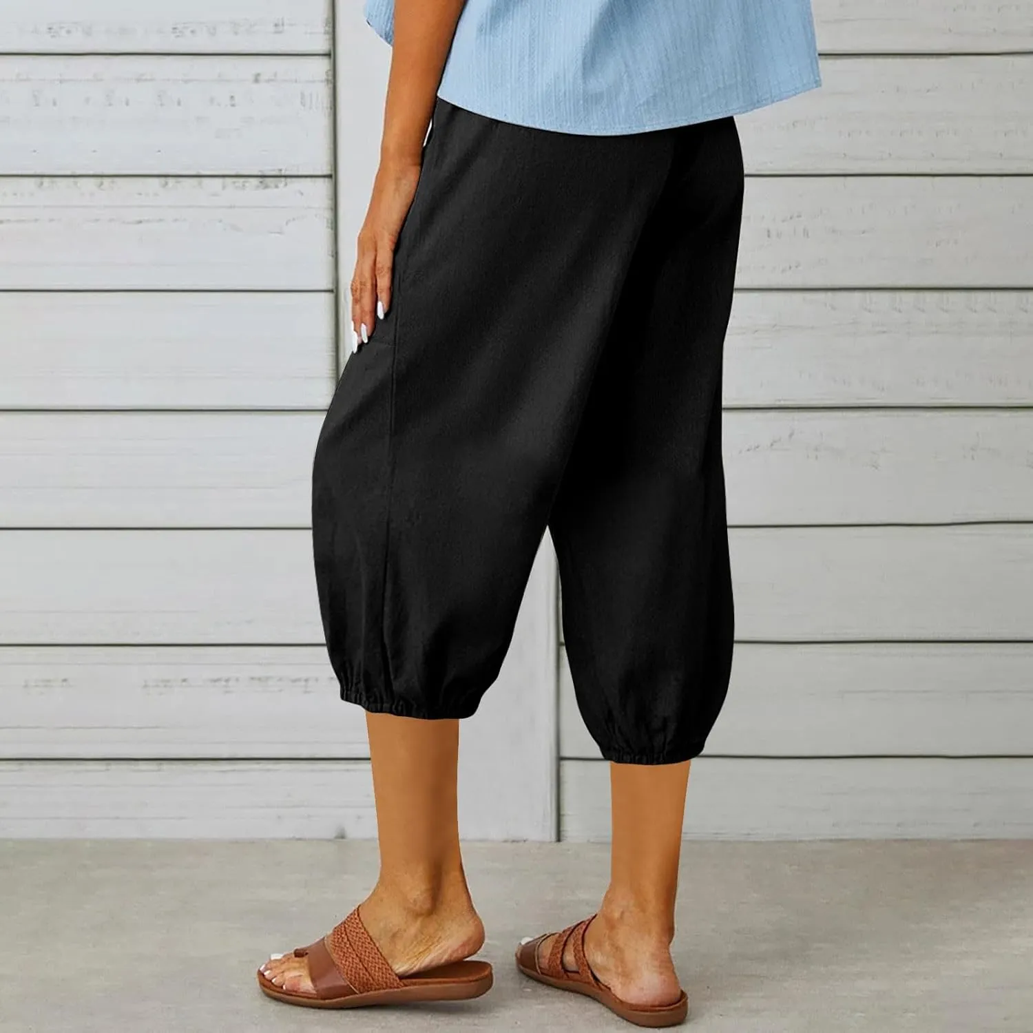 Capris Pants for Women Cotton Linen Casual Summer Pants Plus Size Drawstring Elastic Slacks Pocket Beach Clothes