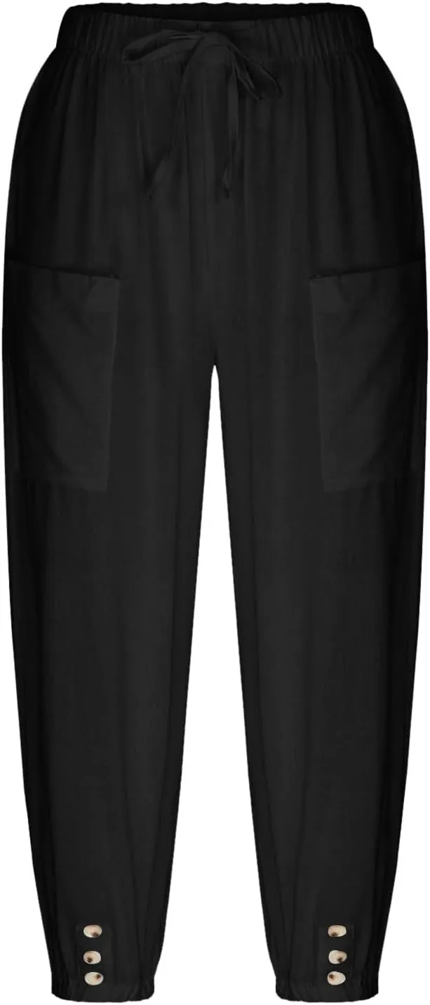 Capris Pants for Women Cotton Linen Casual Summer Pants Plus Size Drawstring Elastic Slacks Pocket Beach Clothes