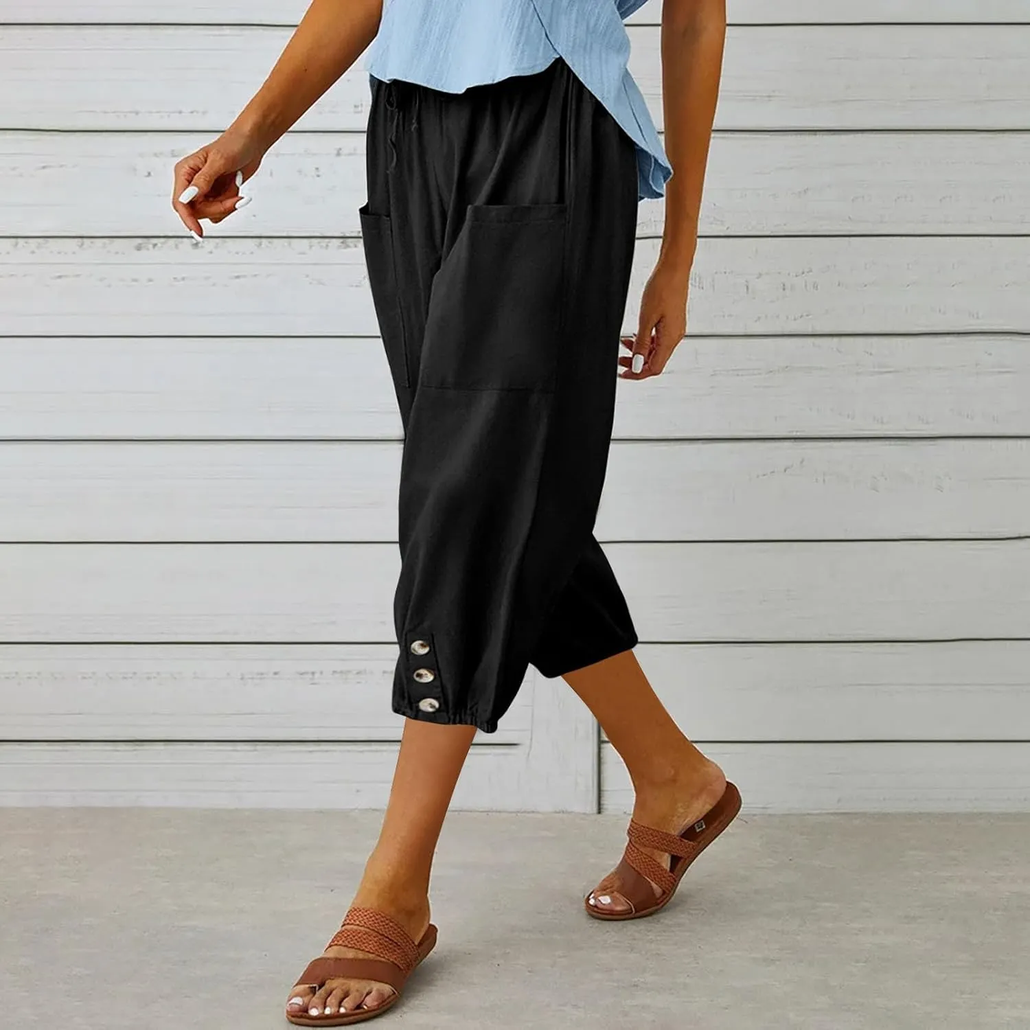 Capris Pants for Women Cotton Linen Casual Summer Pants Plus Size Drawstring Elastic Slacks Pocket Beach Clothes