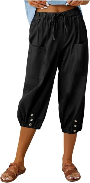 Capris Pants for Women Cotton Linen Casual Summer Pants Plus Size Drawstring Elastic Slacks Pocket Beach Clothes