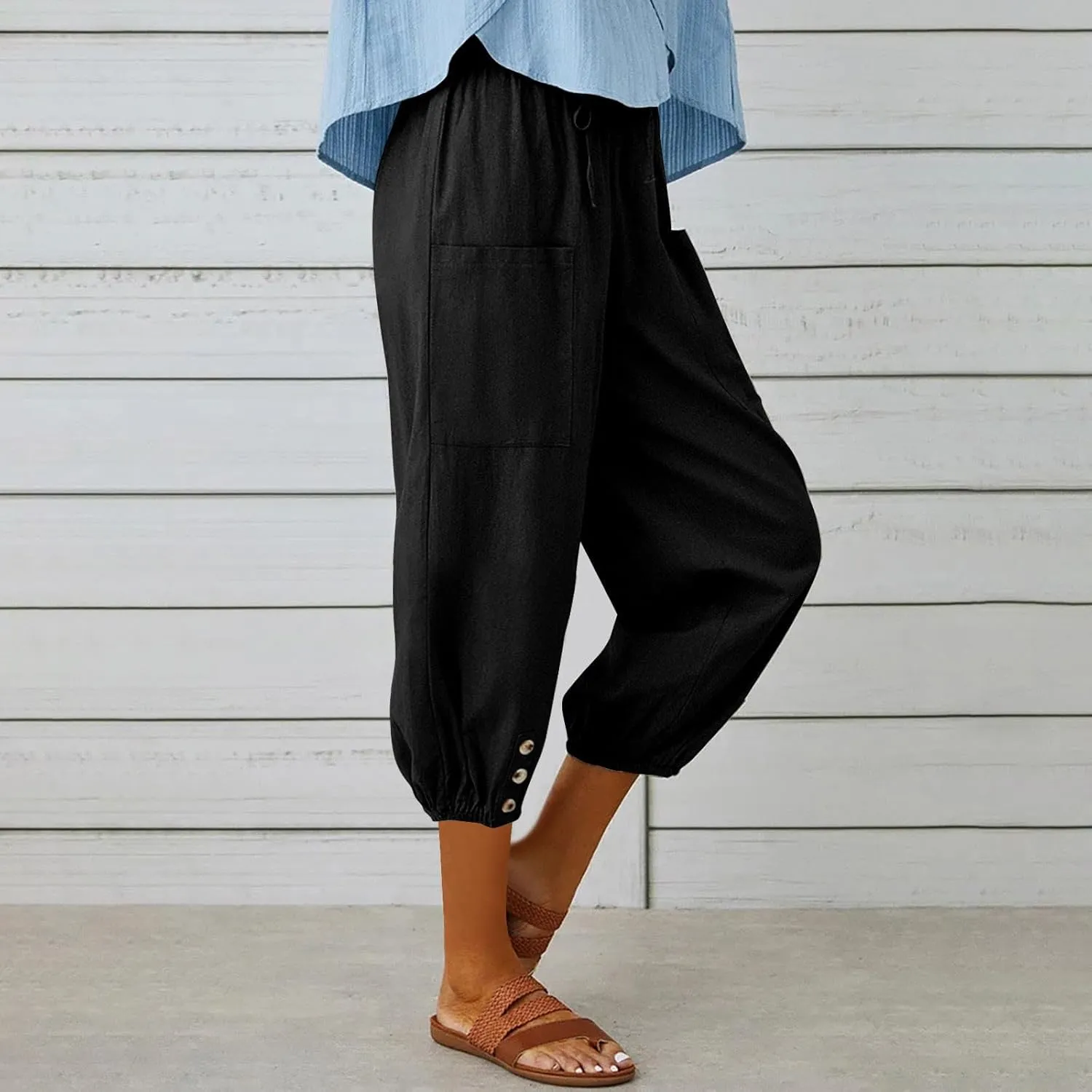 Capris Pants for Women Cotton Linen Casual Summer Pants Plus Size Drawstring Elastic Slacks Pocket Beach Clothes