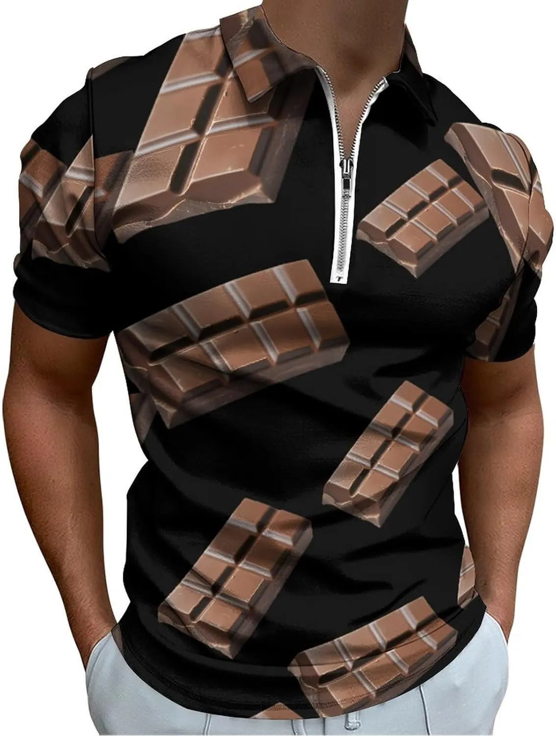 Chocolate Bar Trendy Polo Shirts for Men Short Sleeve Lapel Collar Zipper T-Shirts Outdoor Sports XS