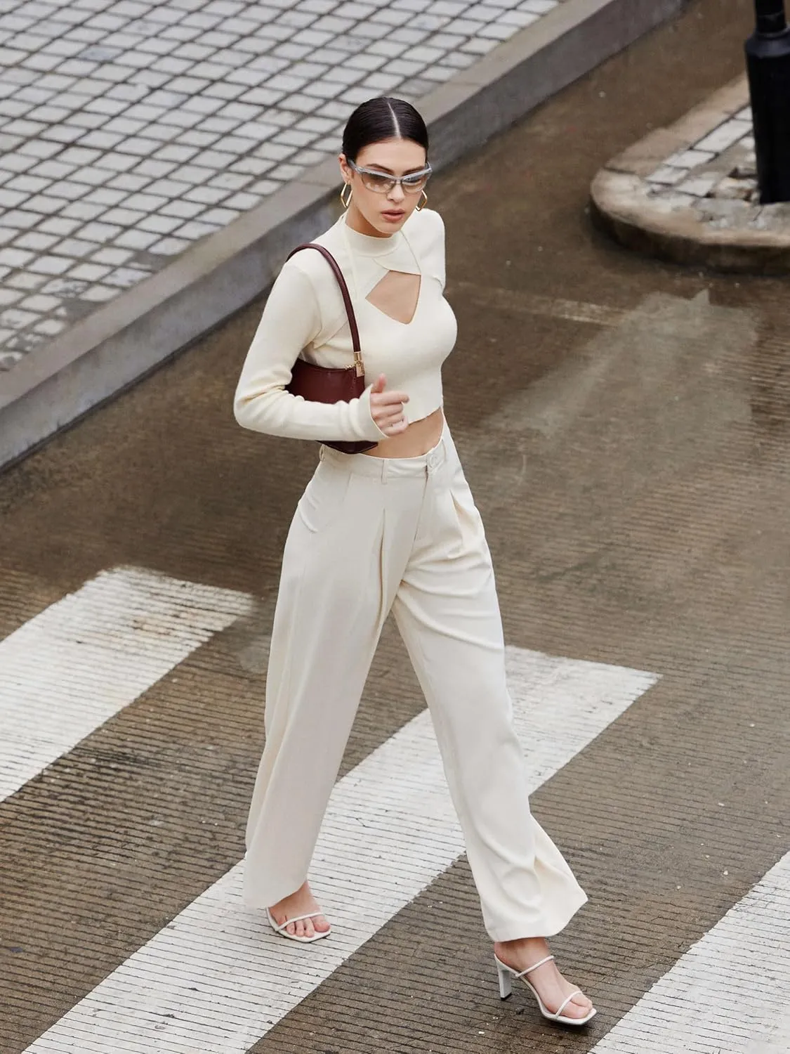 CIDER Milk Tea Pleated Wide Leg Trousers