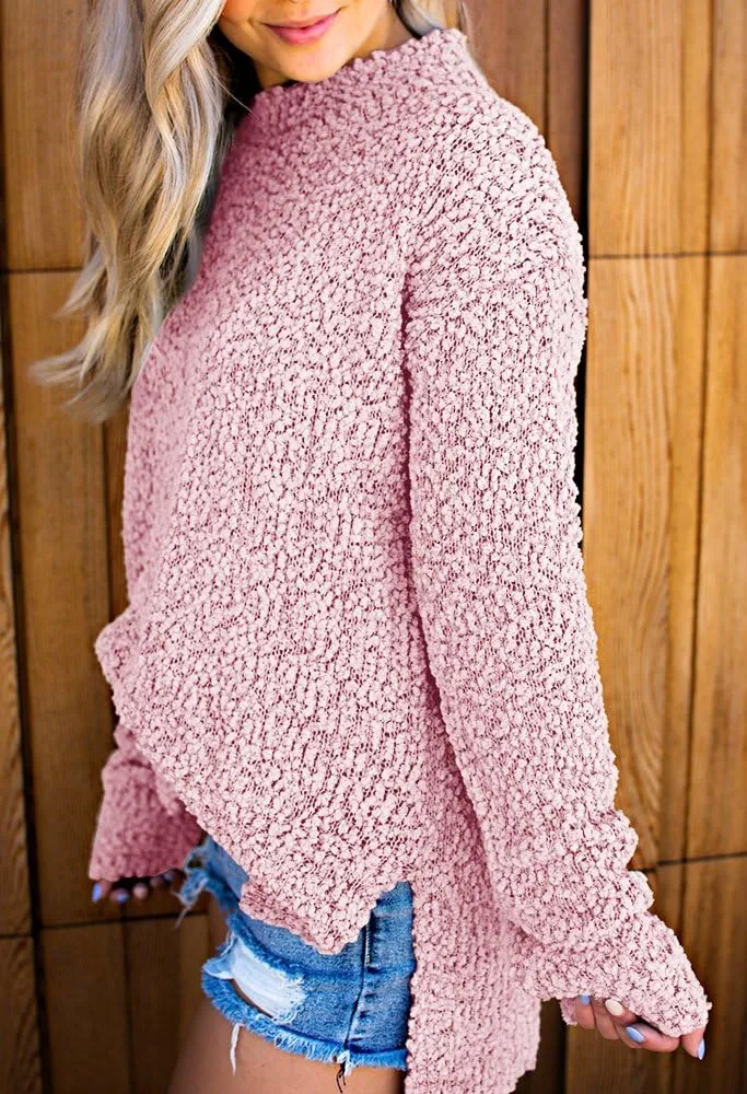 Imily Bela Womens Fuzzy Knitted Sweater Sherpa Fleece Side Slit Full Sleeve Jumper Outwears