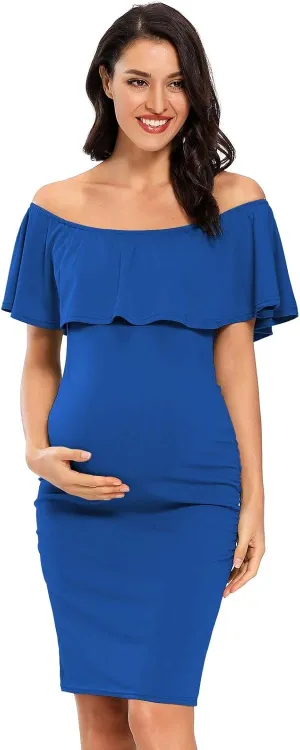 Jezero Women's Maternity Dress Off Shoulder Ruffle Sleeveless Bodycon Dress for Baby Shower