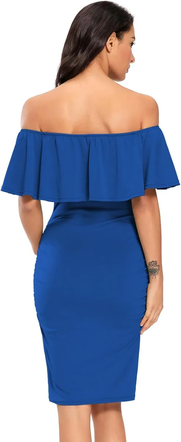 Jezero Women's Maternity Dress Off Shoulder Ruffle Sleeveless Bodycon Dress for Baby Shower