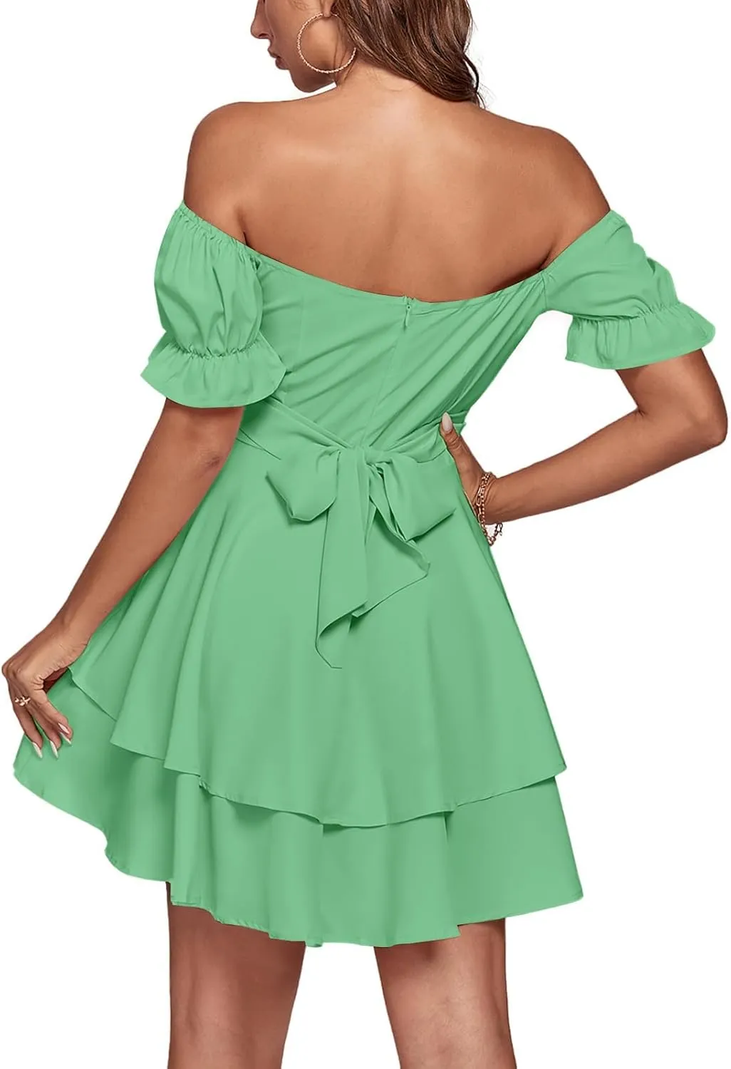 LYANER Women's Tie Back Off Shoulder Wrap Layer Ruffle Short Sleeve Mini Dress