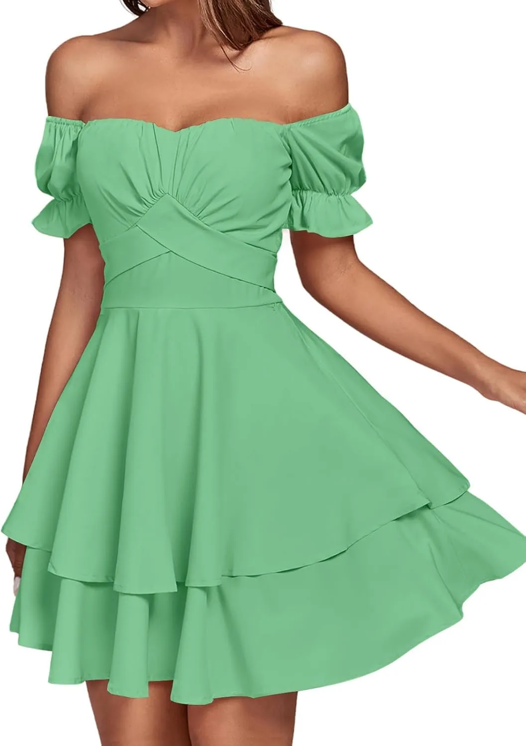LYANER Women's Tie Back Off Shoulder Wrap Layer Ruffle Short Sleeve Mini Dress