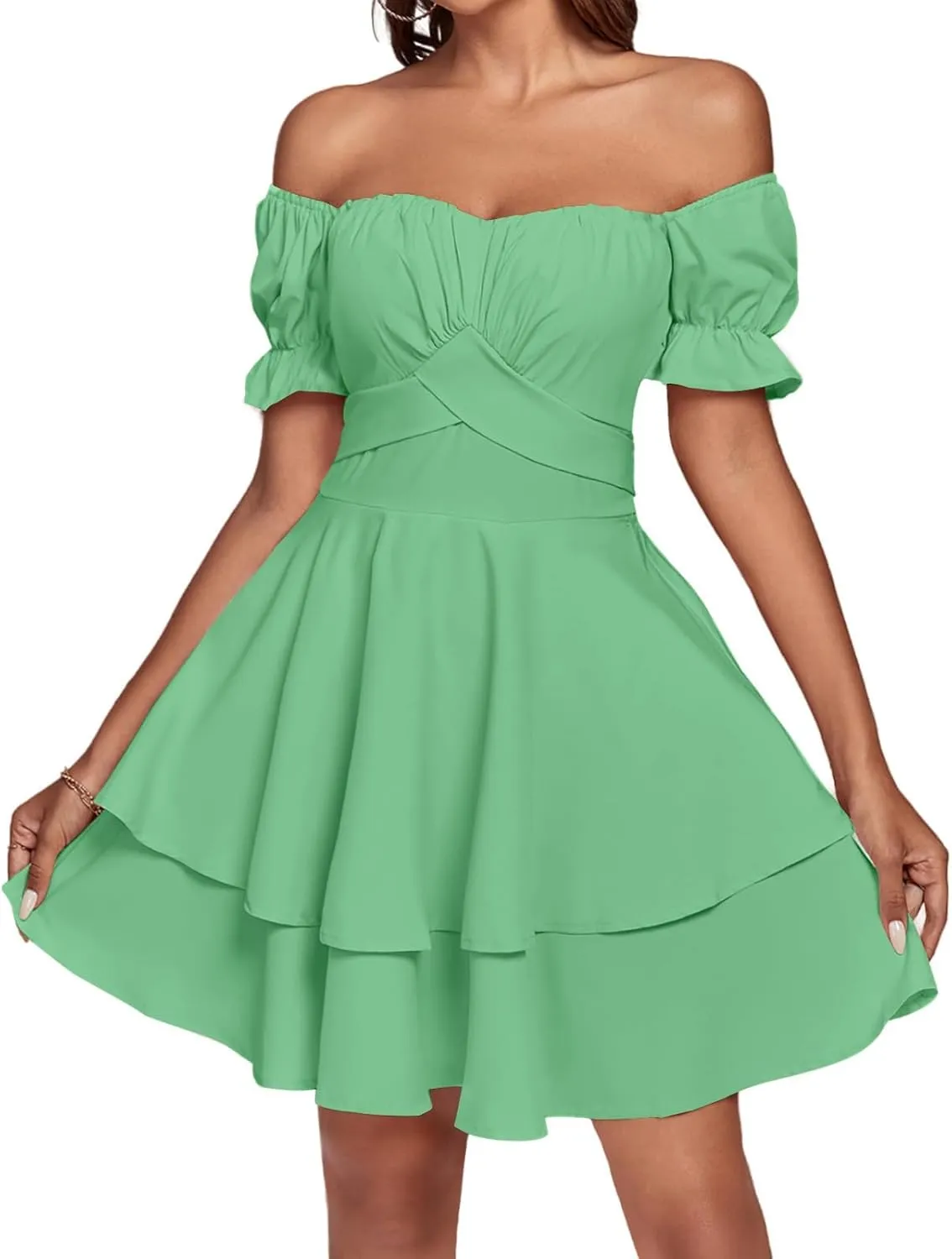 LYANER Women's Tie Back Off Shoulder Wrap Layer Ruffle Short Sleeve Mini Dress