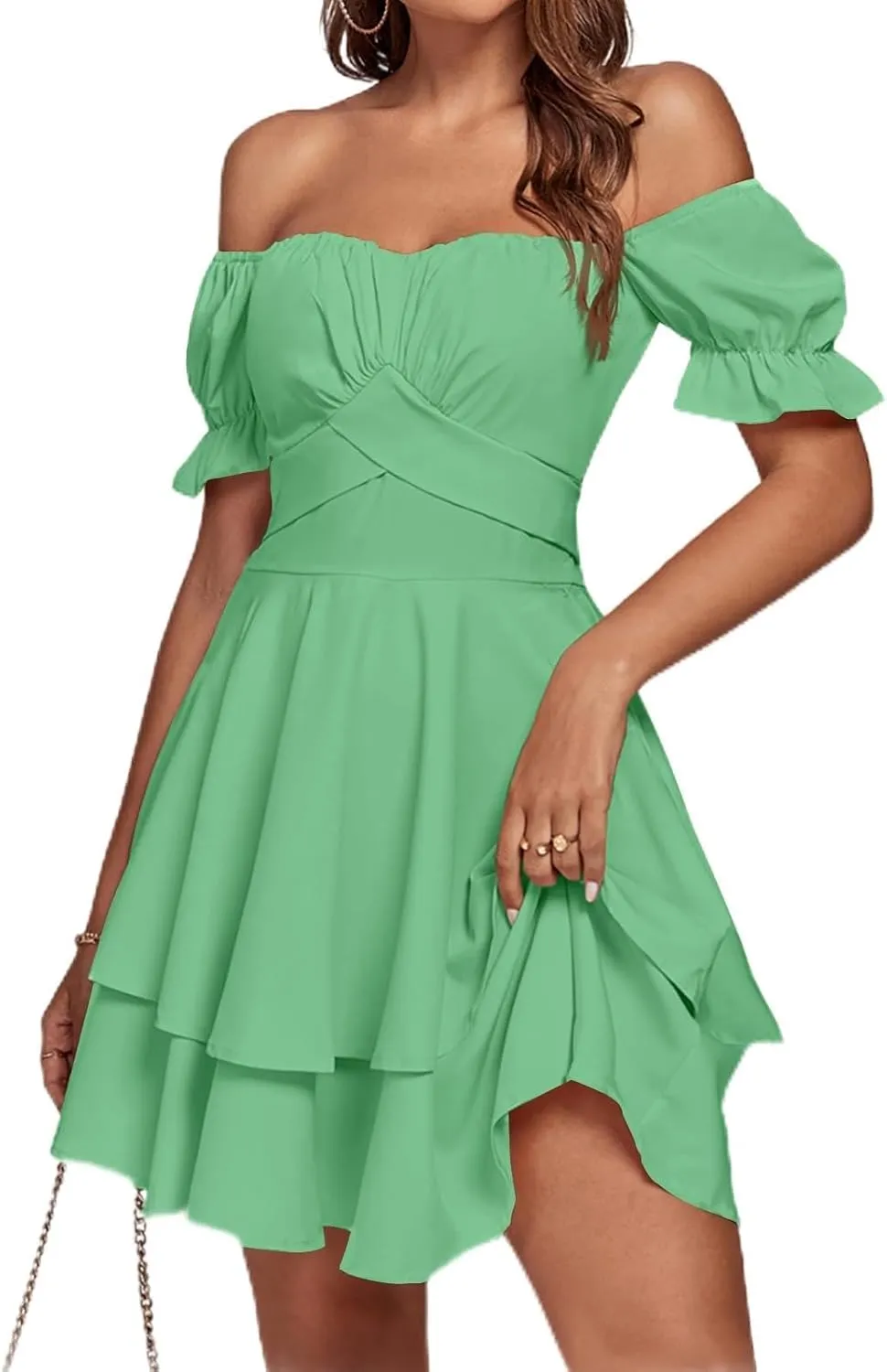 LYANER Women's Tie Back Off Shoulder Wrap Layer Ruffle Short Sleeve Mini Dress