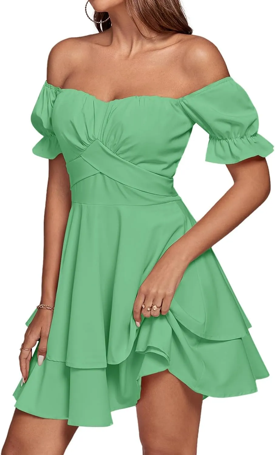 LYANER Women's Tie Back Off Shoulder Wrap Layer Ruffle Short Sleeve Mini Dress