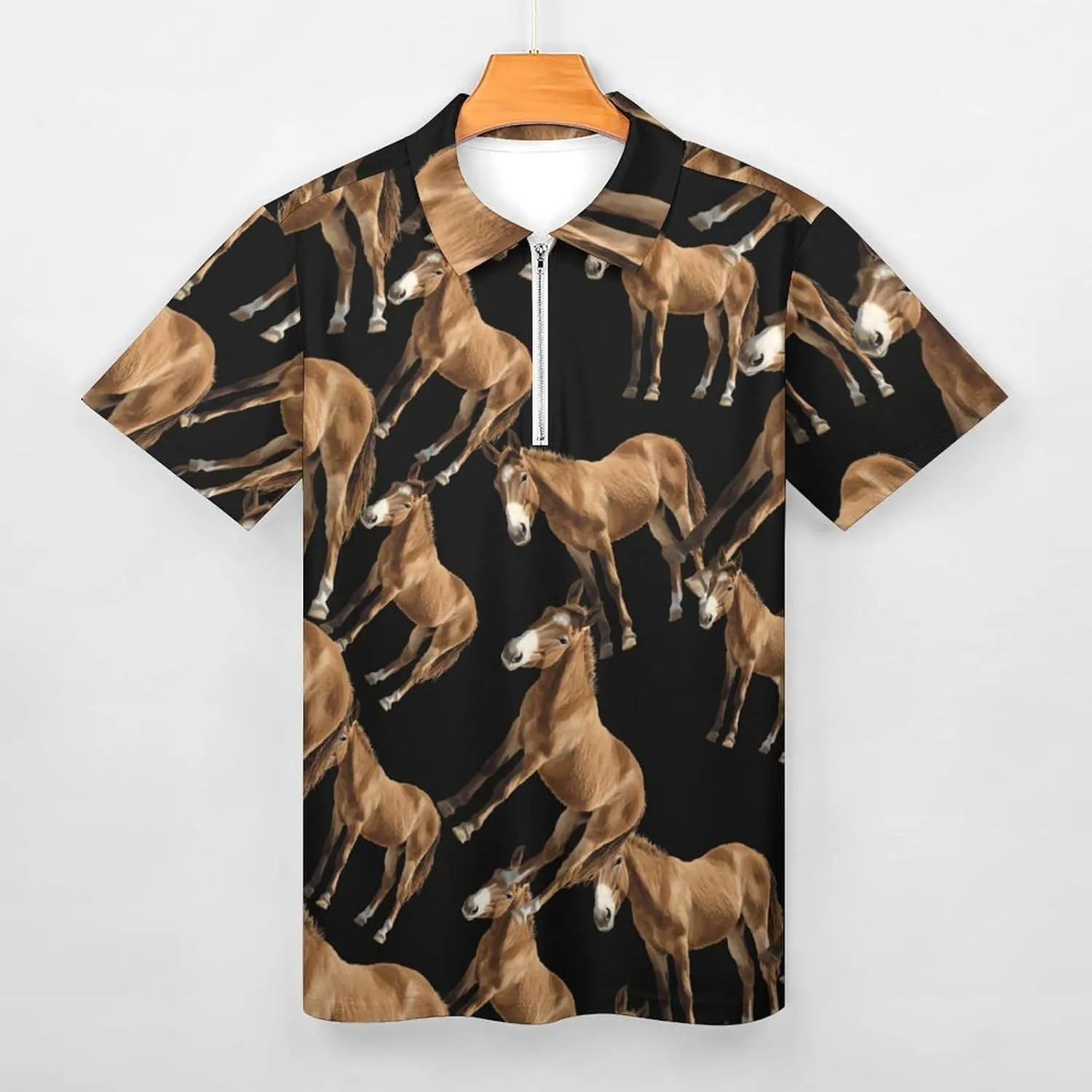 Mule Horse Trendy Polo Shirts for Men Short Sleeve Lapel Collar Zipper T-Shirts Outdoor Sports