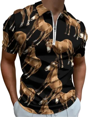 Mule Horse Trendy Polo Shirts for Men Short Sleeve Lapel Collar Zipper T-Shirts Outdoor Sports
