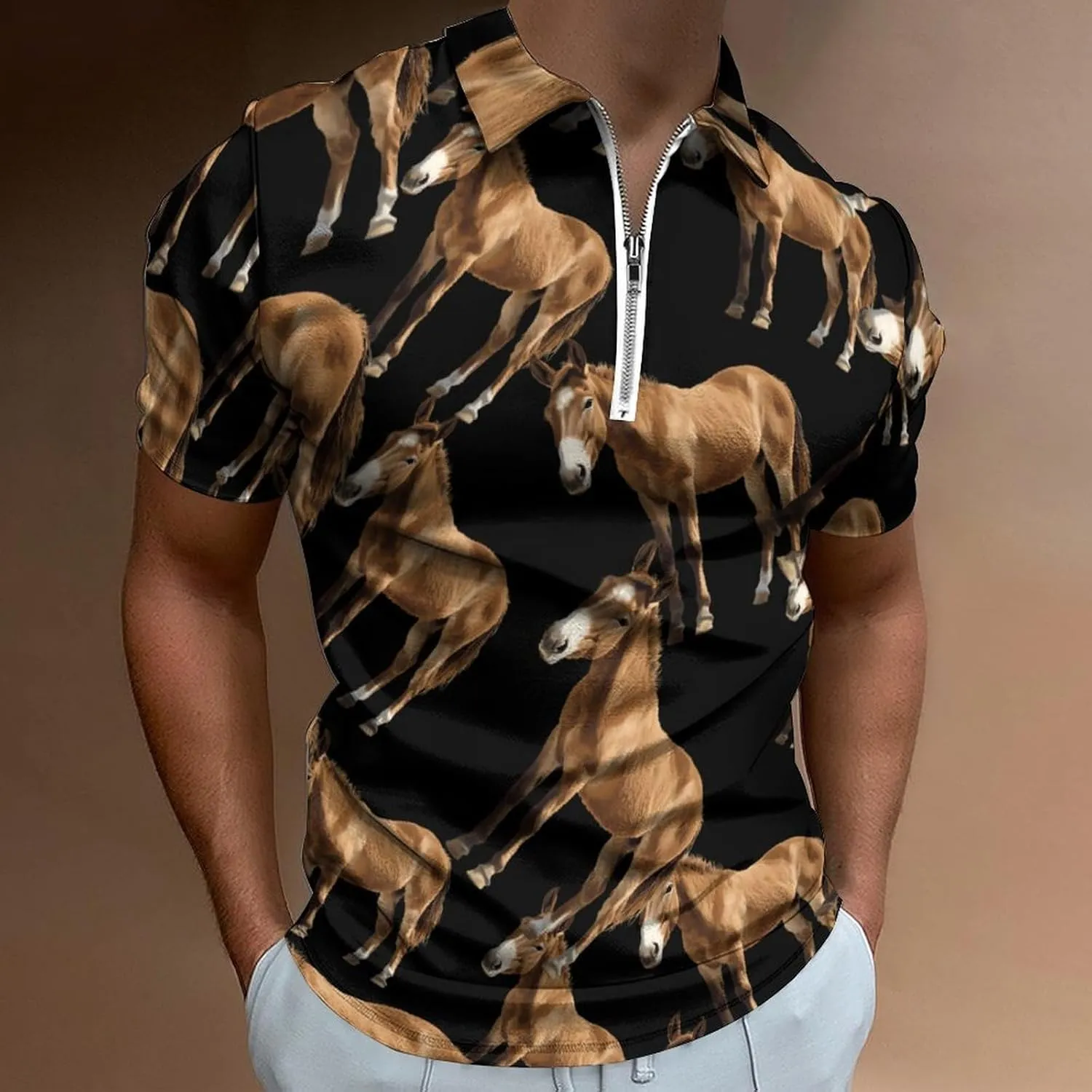 Mule Horse Trendy Polo Shirts for Men Short Sleeve Lapel Collar Zipper T-Shirts Outdoor Sports