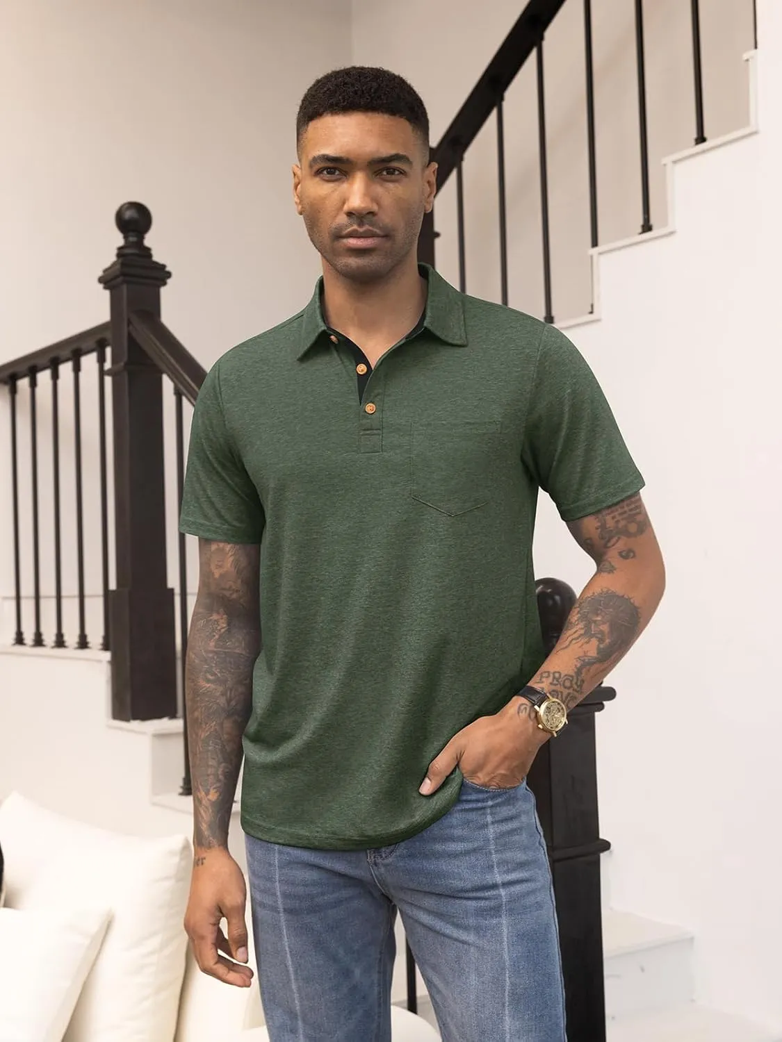 RQP Casual Polo Shirts for Men Short Sleeve Quick Dry Polo Shirts Collared T-Shirt