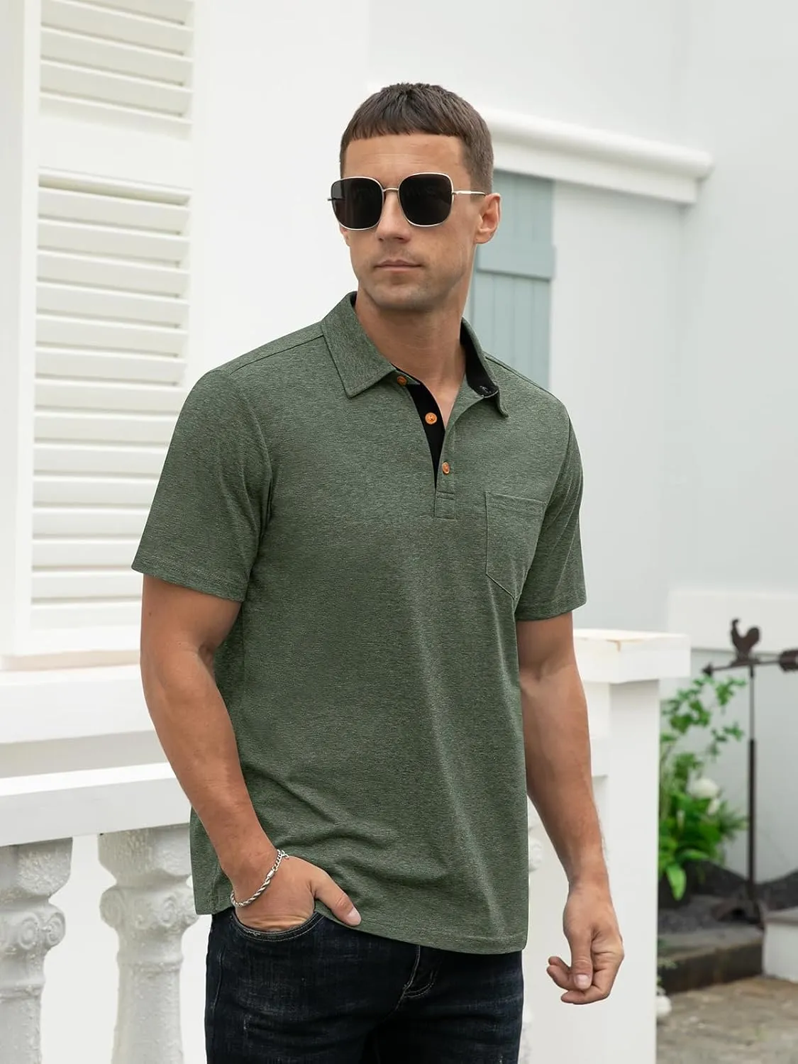 RQP Casual Polo Shirts for Men Short Sleeve Quick Dry Polo Shirts Collared T-Shirt
