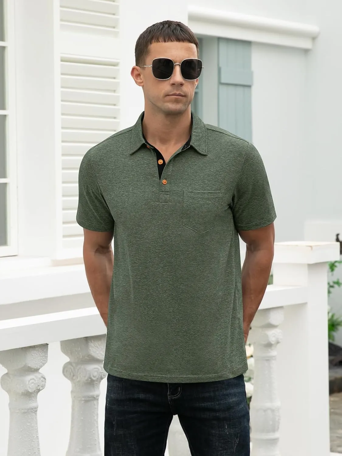 RQP Casual Polo Shirts for Men Short Sleeve Quick Dry Polo Shirts Collared T-Shirt