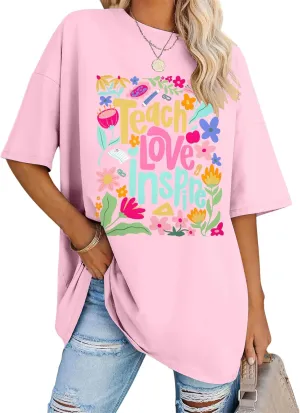 Teacher Shirt Women Teach Love Inspire Floral Graphic T-Shirt Teacher Life Shirts Last of School Tees Casual Short Sleeve Top