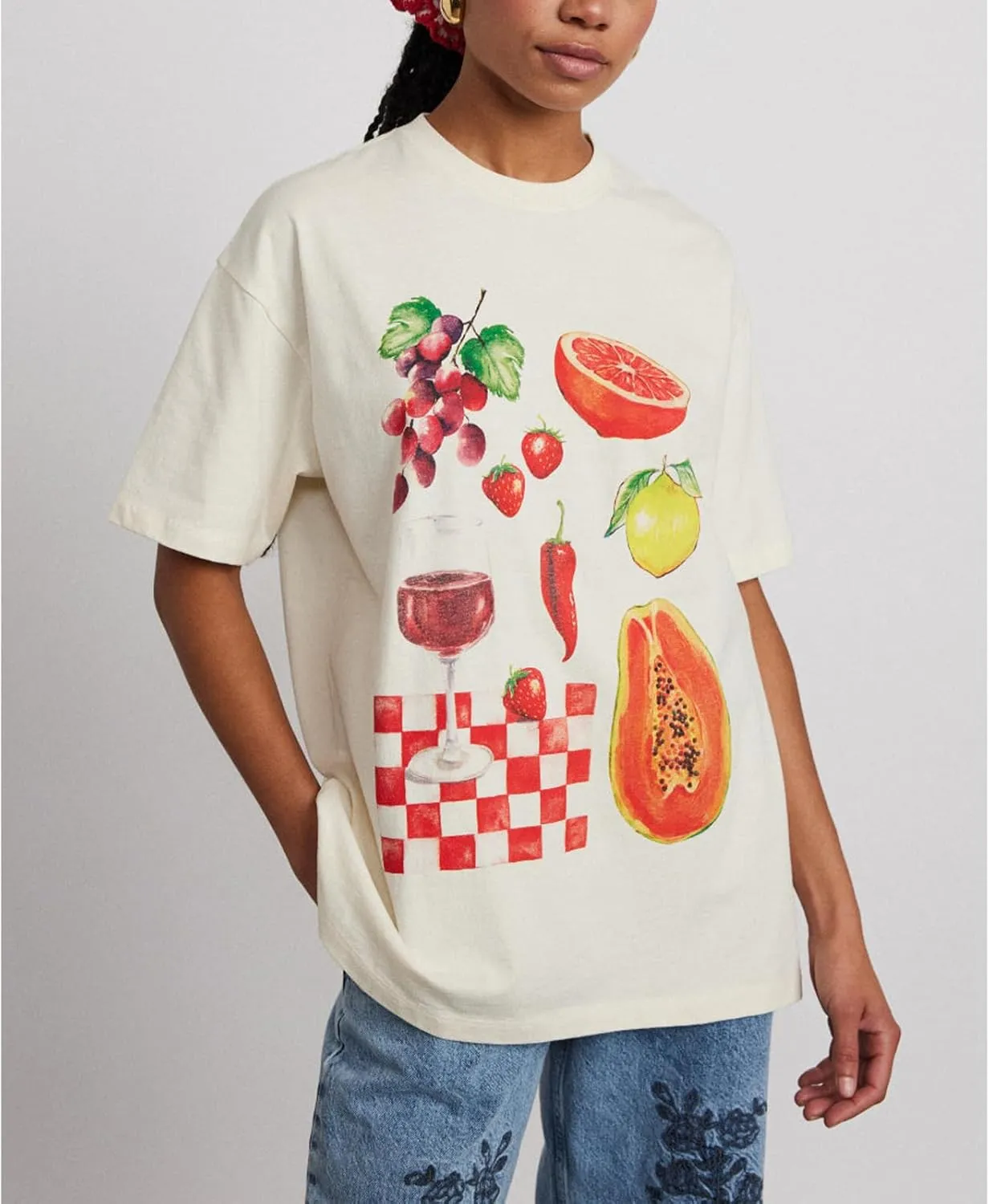 Y2k Womens Oversized Fruit Graphic Print Tees Shirts Vintage Flower Baggy Tshirt Tops Coastal Clothes Aesthetic
