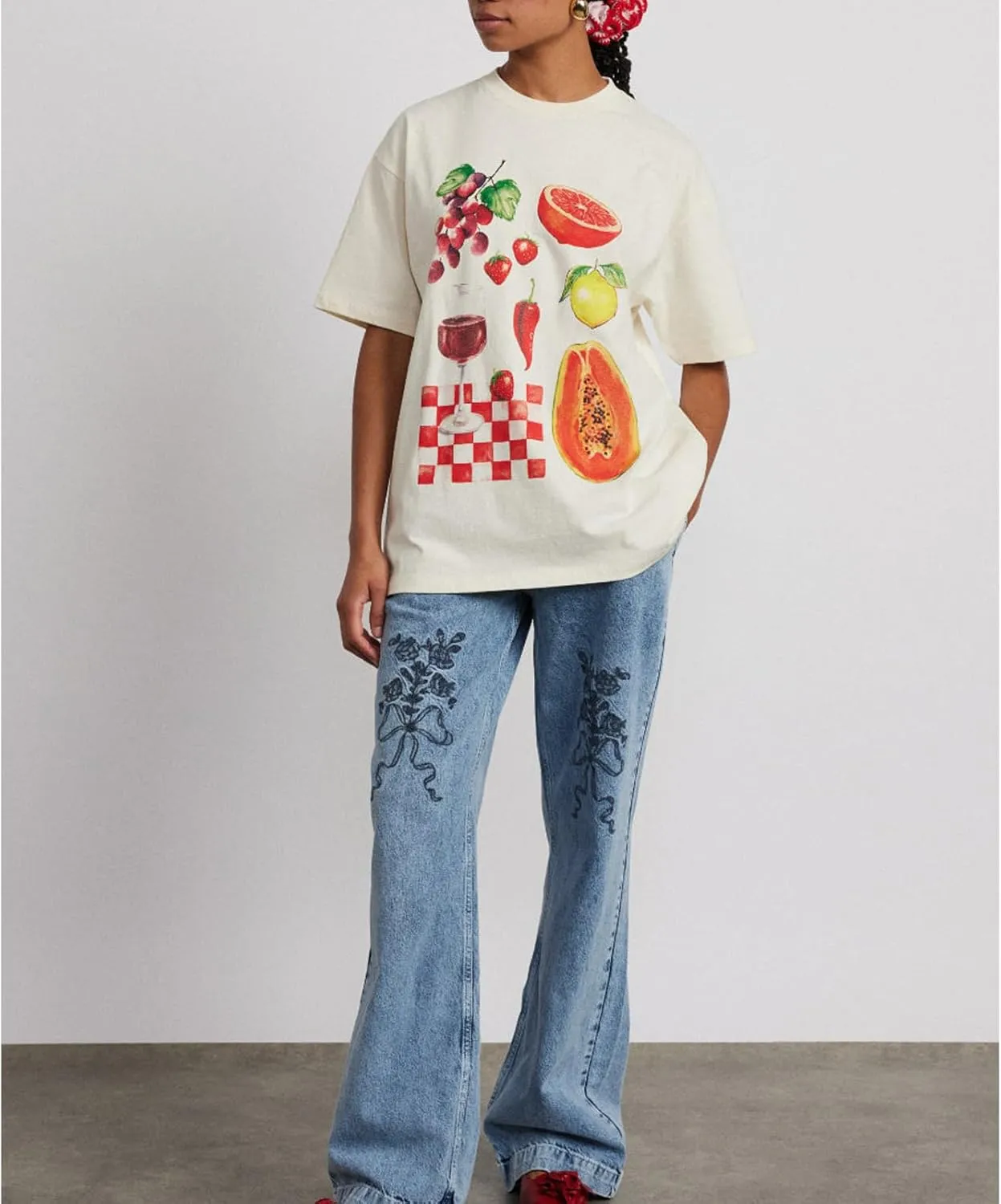 Y2k Womens Oversized Fruit Graphic Print Tees Shirts Vintage Flower Baggy Tshirt Tops Coastal Clothes Aesthetic