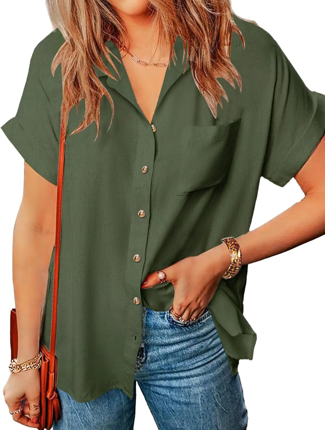 Zeagoo Linen Shirts for Women Cotton Short Sleeve V Neck Collared Button Down Blouses Tops S-3XL