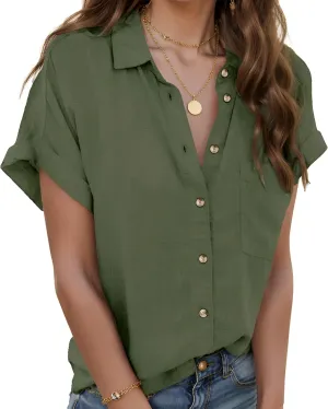 Zeagoo Linen Shirts for Women Cotton Short Sleeve V Neck Collared Button Down Blouses Tops S-3XL